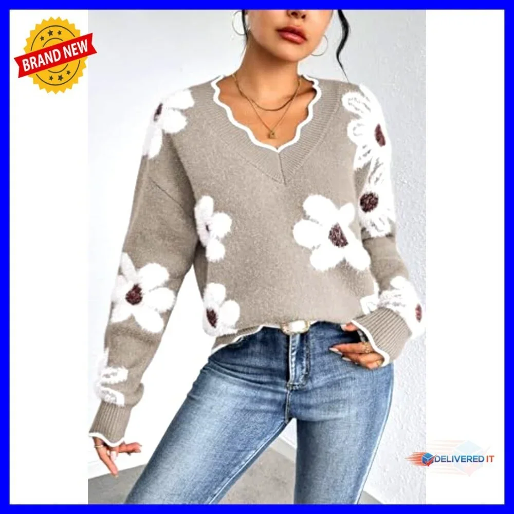 Oversized V-Neck Chunky Knit Pullover Sweater Fuzzy Long Sleeve Top - Picture 4 of 7